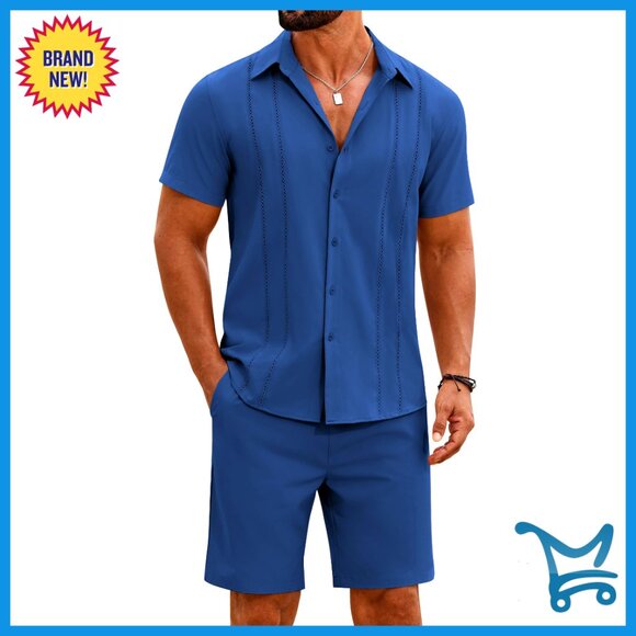 Men's 2-Piece Cuban Guayabera Shirt & Shorts Summer Beach Vacation Set
